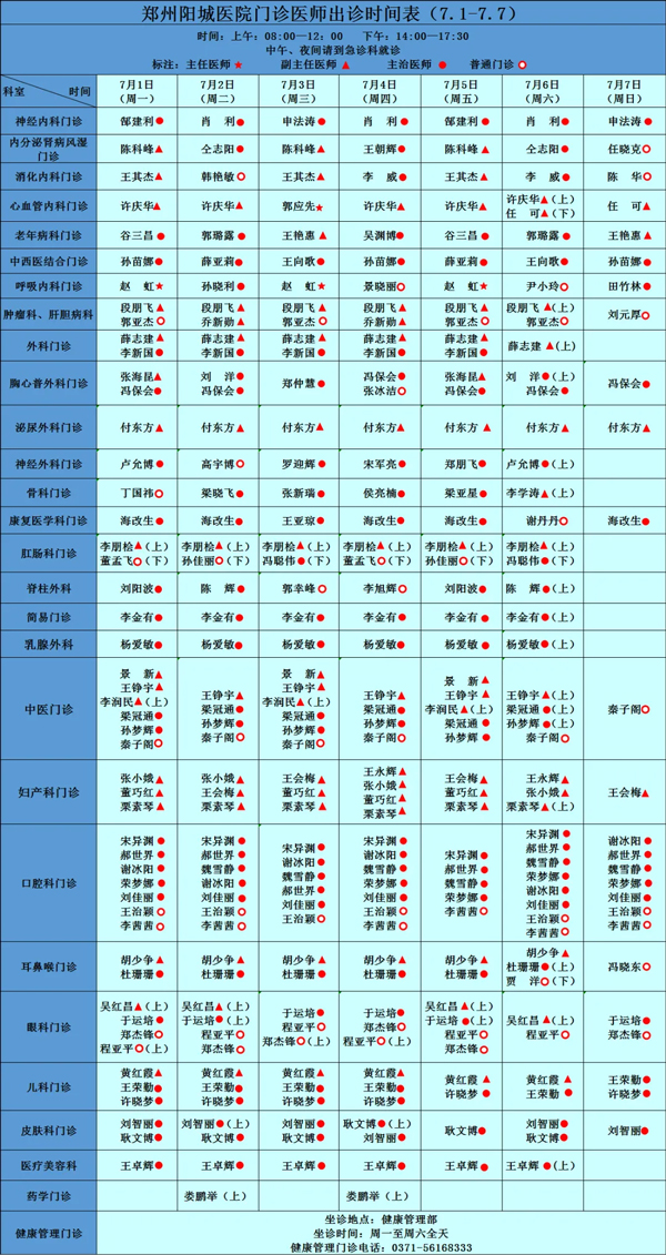 【名医有约】6月24日—6月30日郑州阳城医院特邀省市级专家及本院专家坐诊表，请查收！