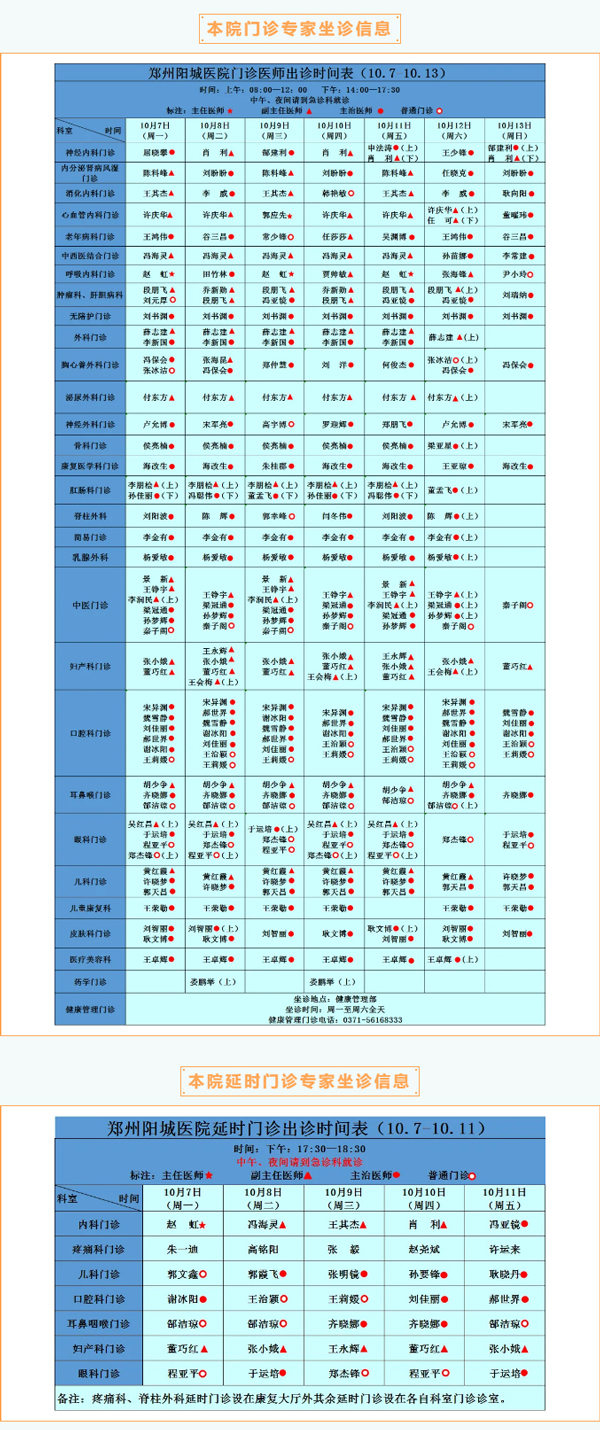 【名医有约】10月7日—10月13日郑州阳城医院特邀省市级专家及本院专家坐诊表，请查收！