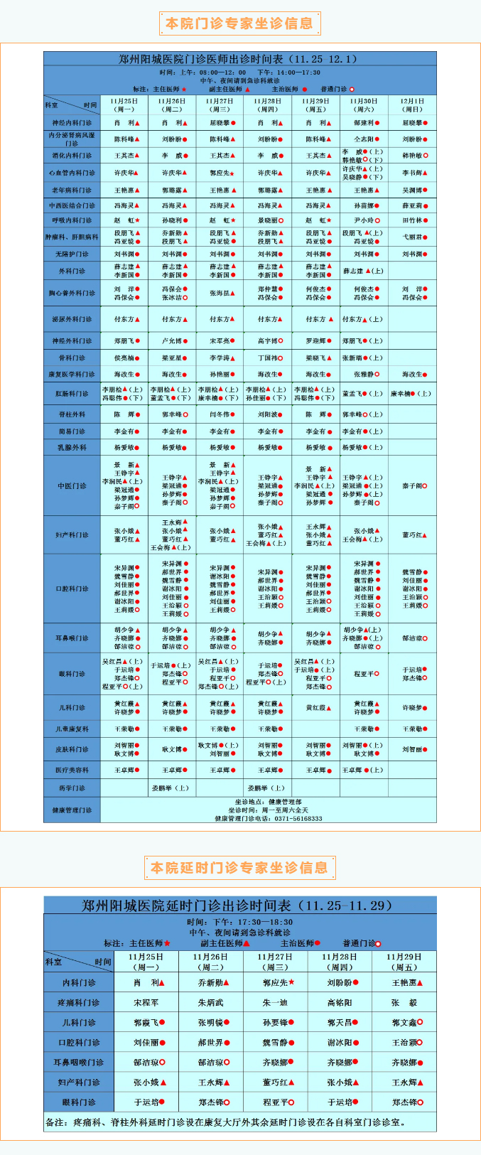 【名医有约】11月25日—12月1日郑州阳城医院特邀省市级专家及本院专家坐诊表，请查收！